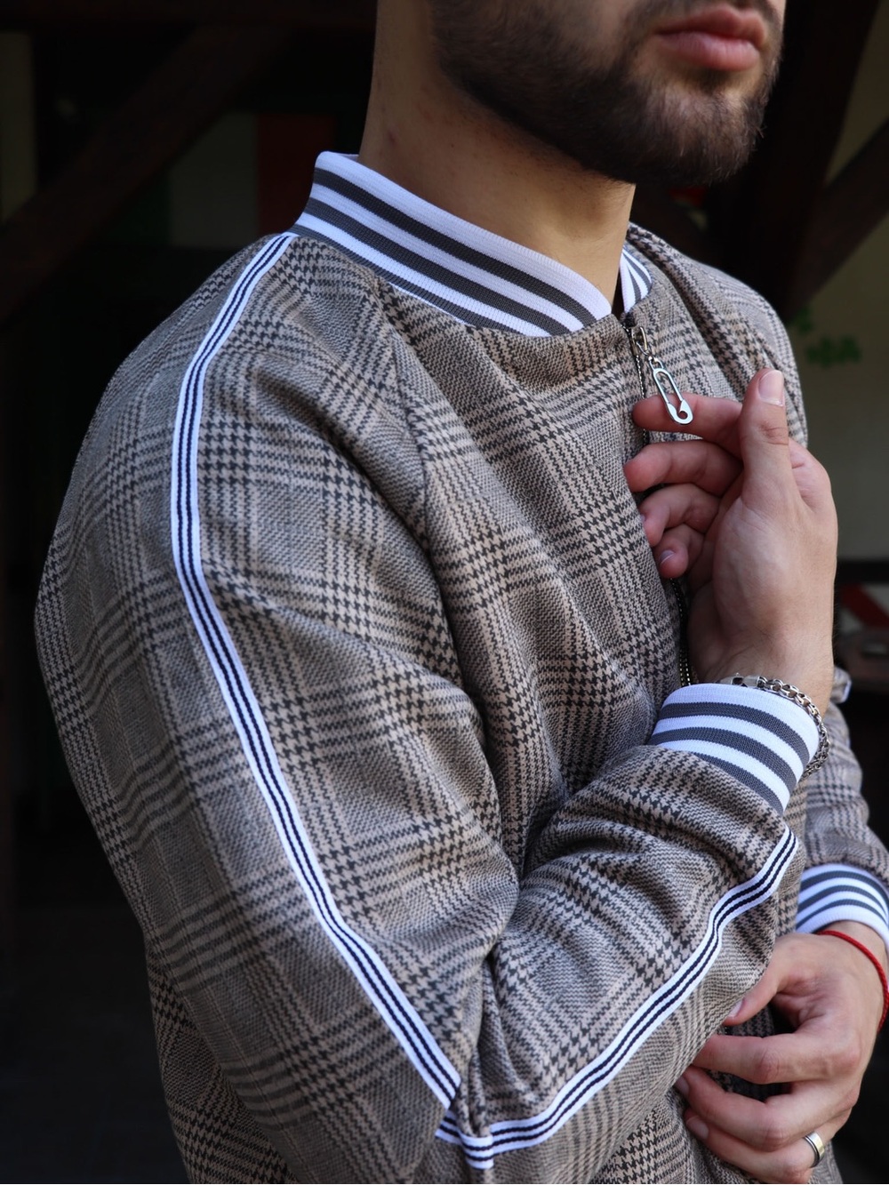 Men's Plaid Bomber Jacket in Brown with Stripe Trim